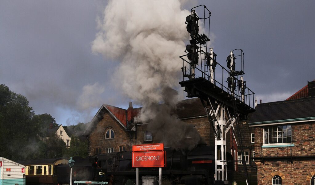 A steam train at Grosmont station on the North Yorkshire Moors Railway